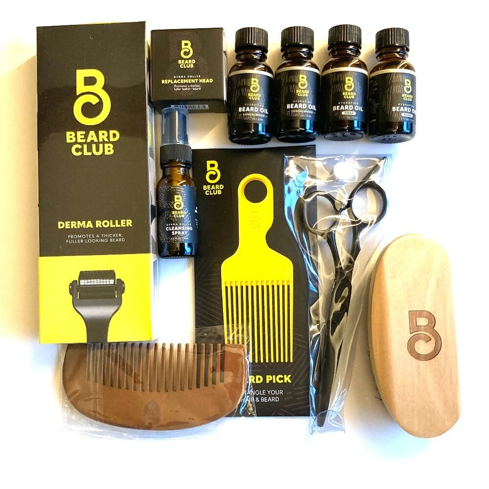 Bundle of Beard Club products, Brush Kit, Oils, and Derma Roller, all new